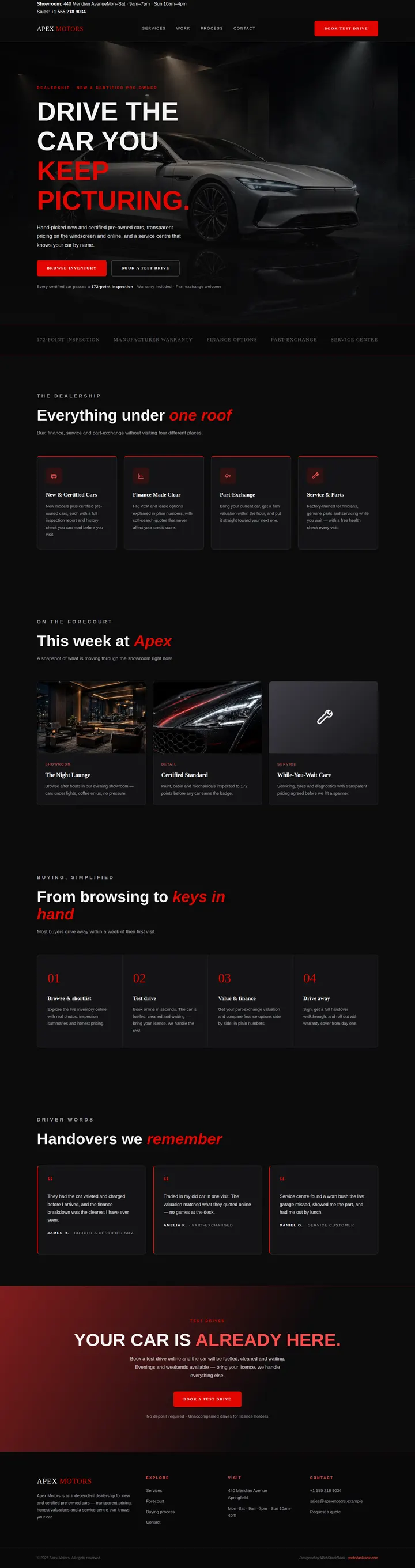 Apex Motors website concept — full-page design, 1440×5445 px