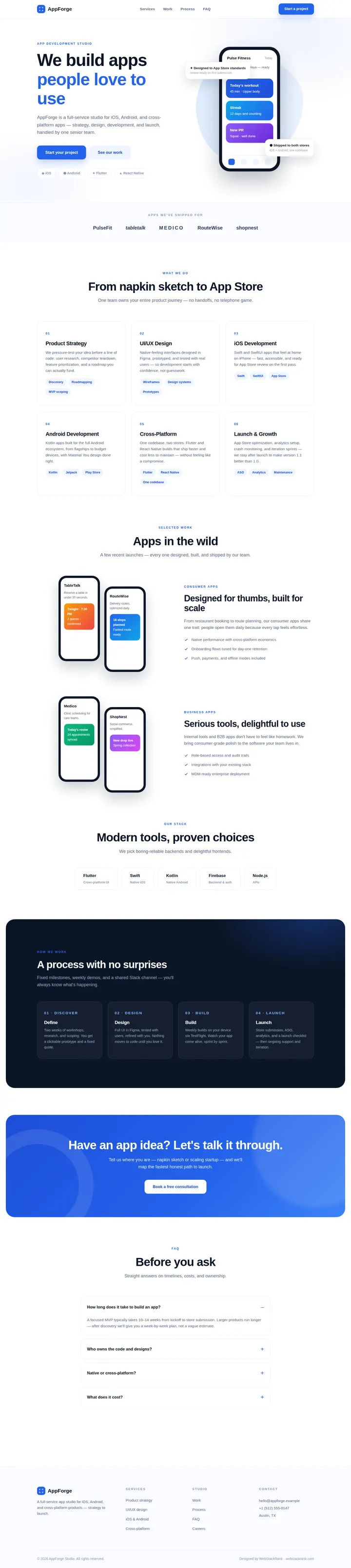 AppForge website concept — full-page design, 1440×6422 px