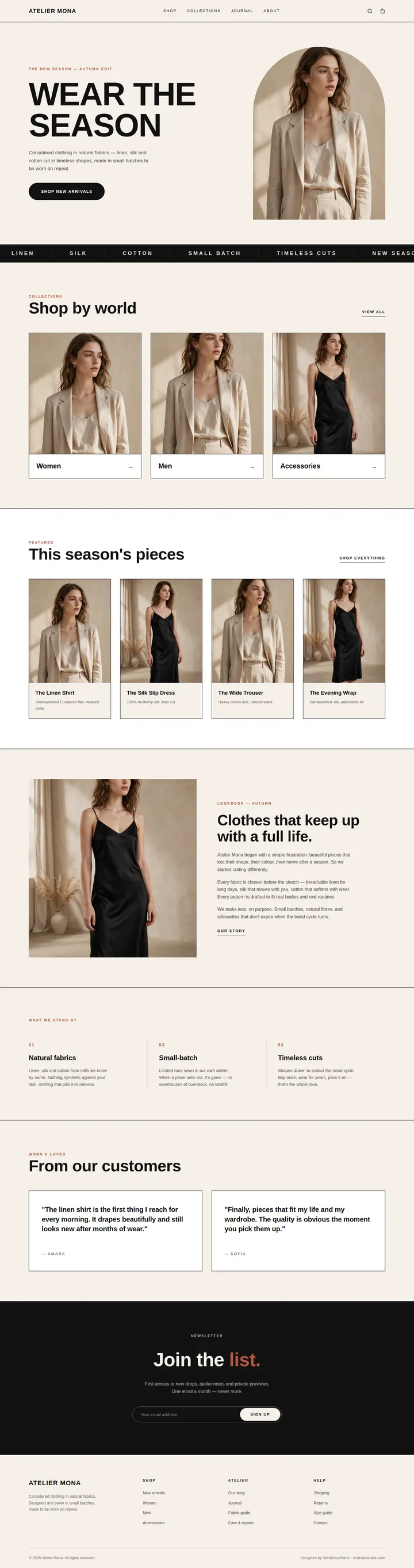 Atelier Mona website concept — full-page design, 1440×5447 px
