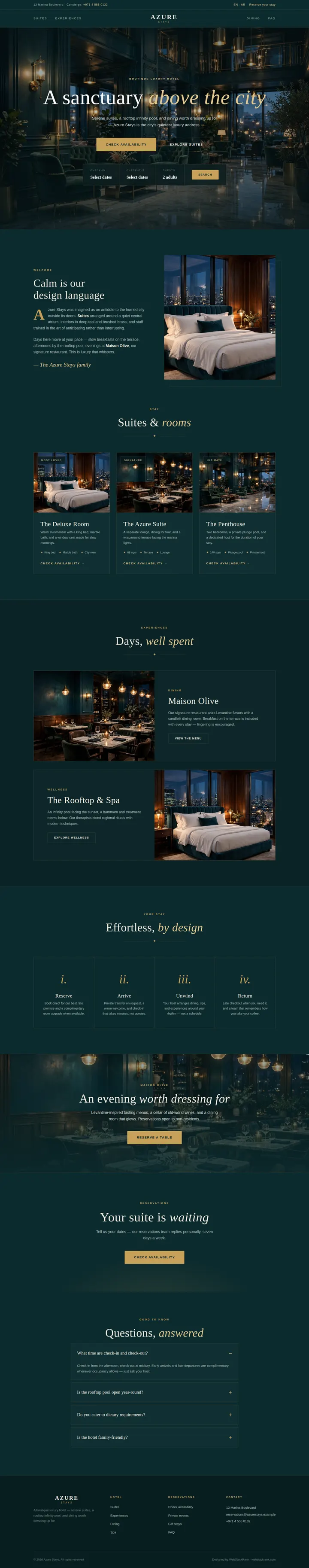 Azure Stays website concept — full-page design, 1440×7302 px