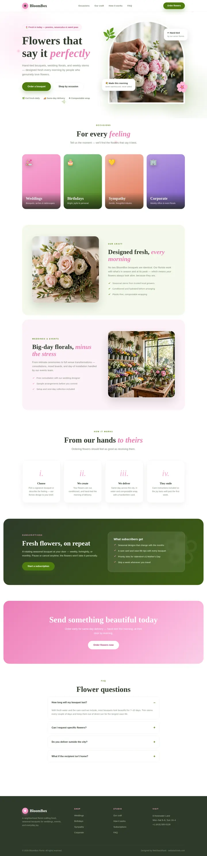 BloomBox website concept — full-page design, 1440×5944 px