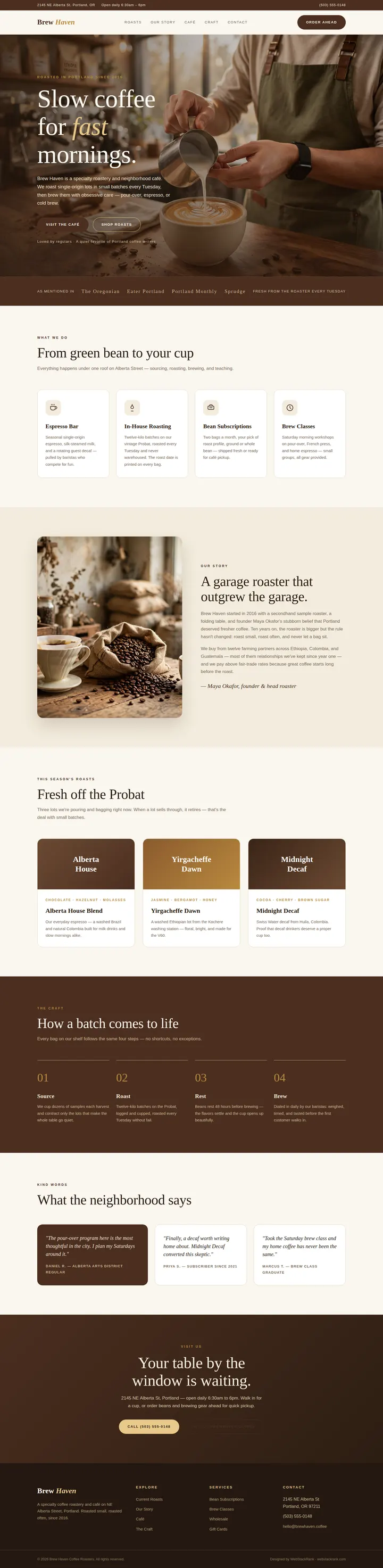 Brew Haven website concept — full-page design, 1440×5892 px