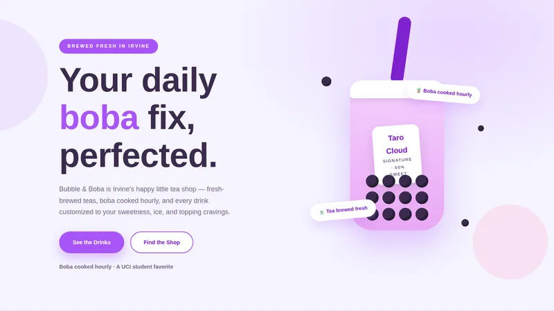Bubble & Boba — Bubble Tea Shop Website concept, cover design