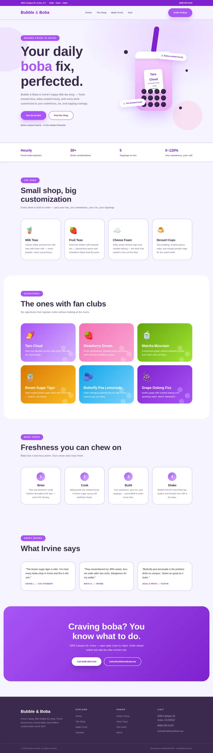 Bubble & Boba website concept — full-page design, 1440×5082 px