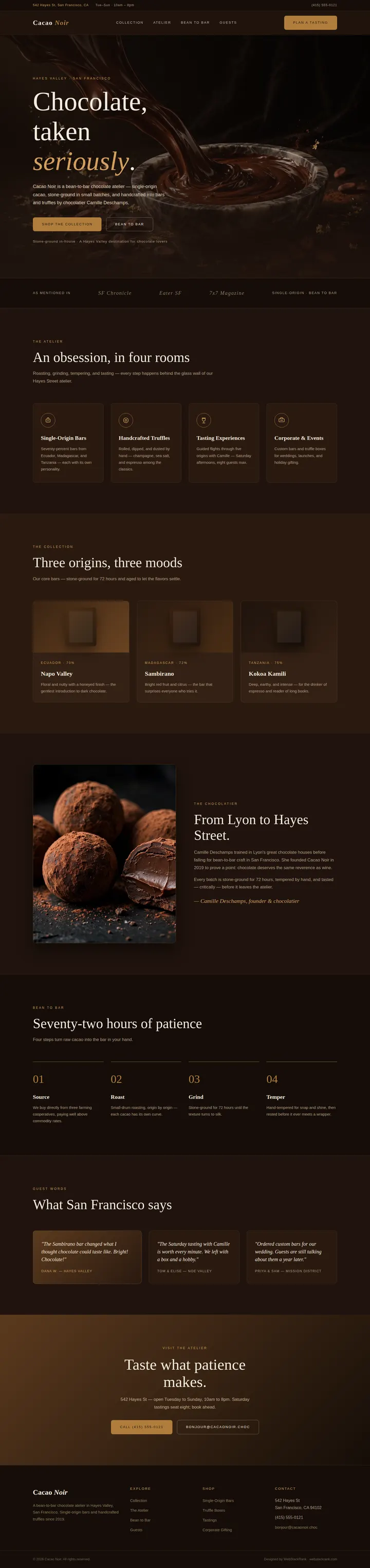 Cacao Noir website concept — full-page design, 1440×6096 px
