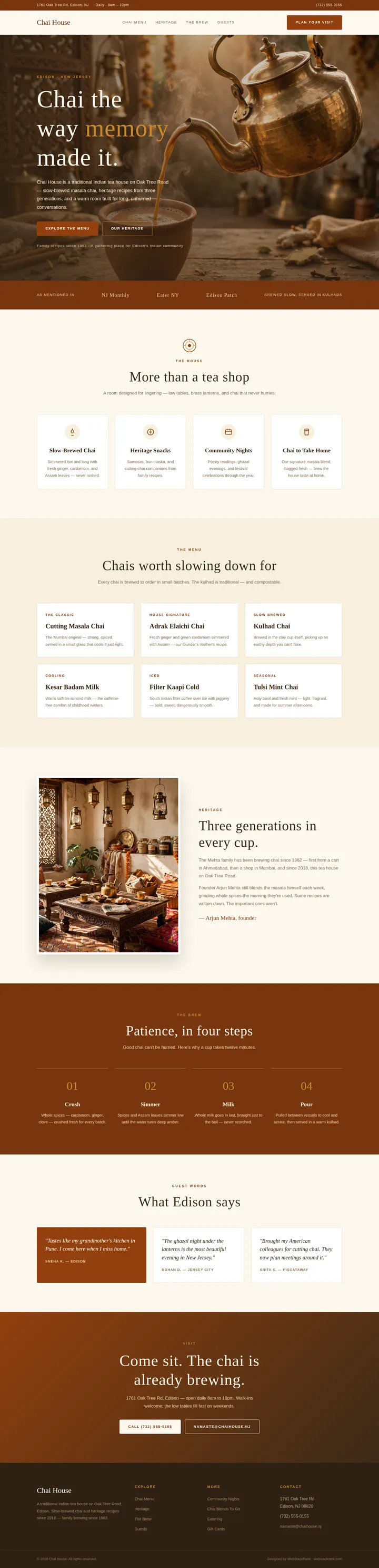 Chai House website concept — full-page design, 1440×5949 px