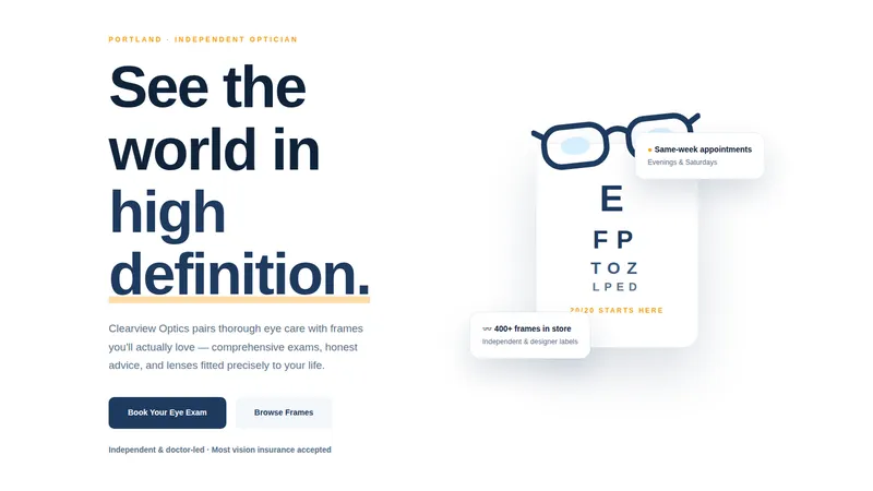 Clearview Optics — Eyewear & Eye Care Website concept, cover design