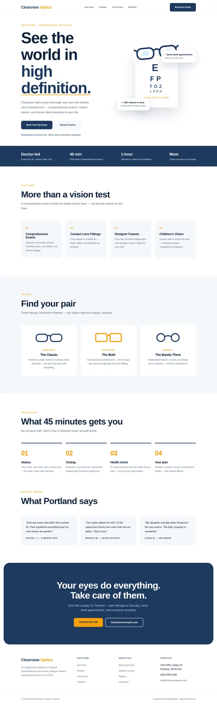 Clearview Optics website concept — full-page design, 1440×4657 px
