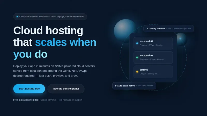 CloudNine — Cloud Hosting Website concept, cover design