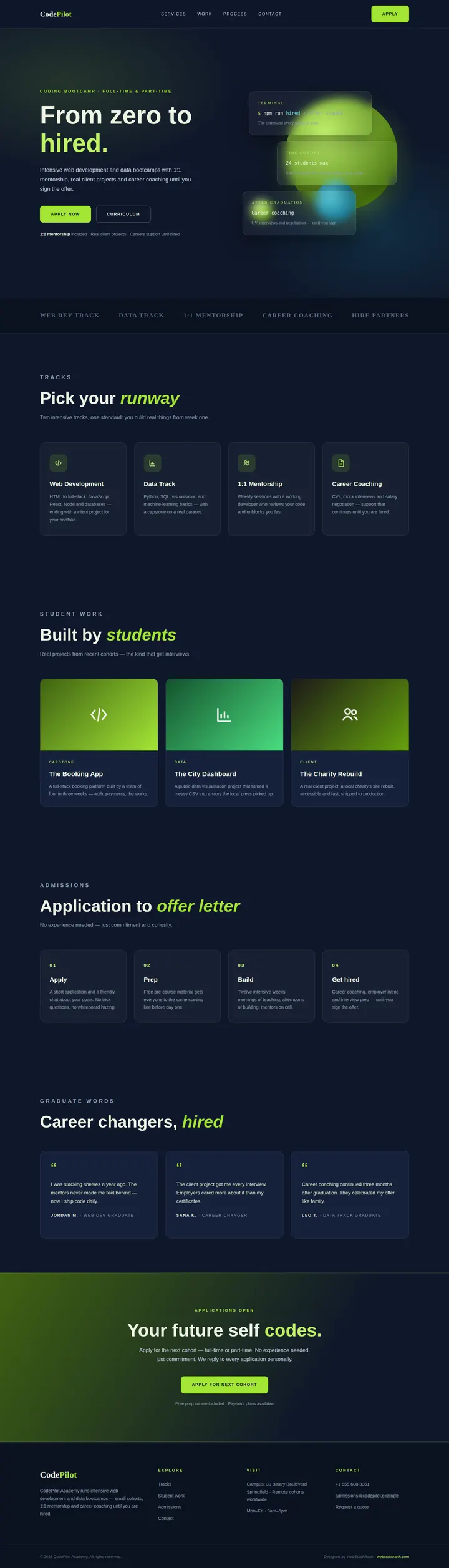 CodePilot Academy website concept — full-page design, 1440×5029 px