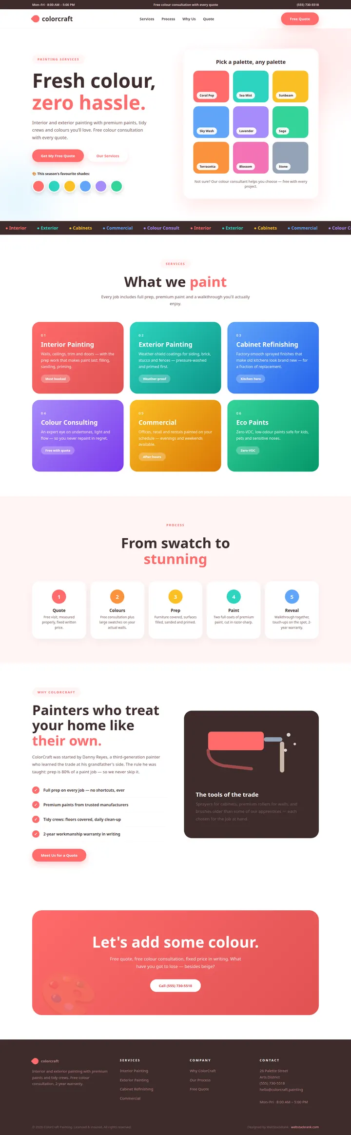 ColorCraft Painting website concept — full-page design, 1440×4657 px