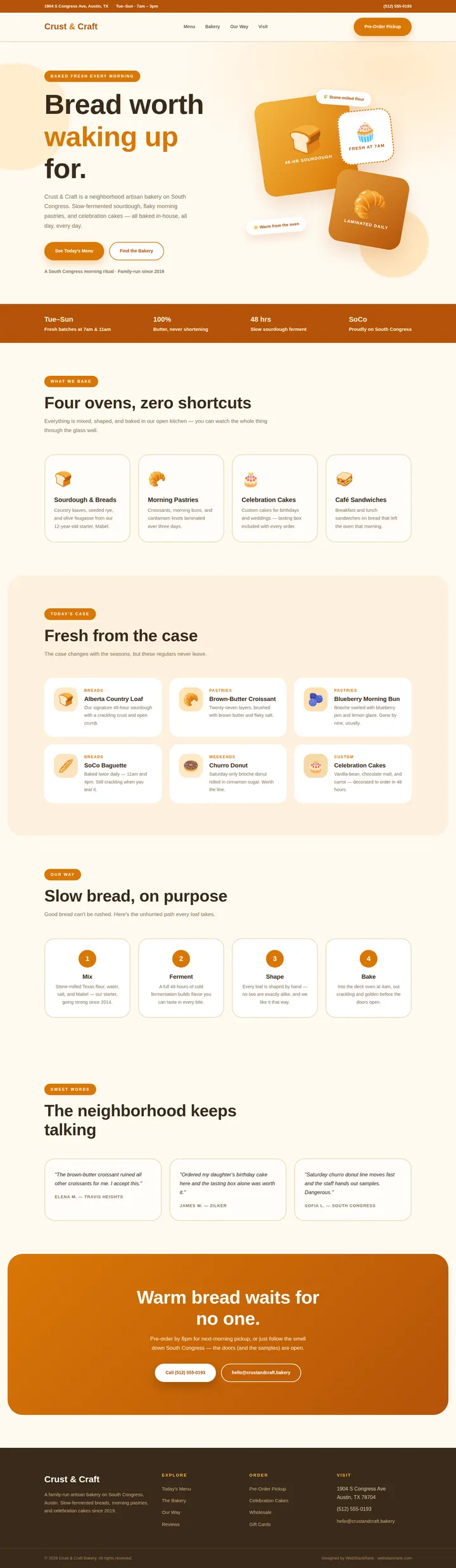 Crust & Craft website concept — full-page design, 1440×4957 px