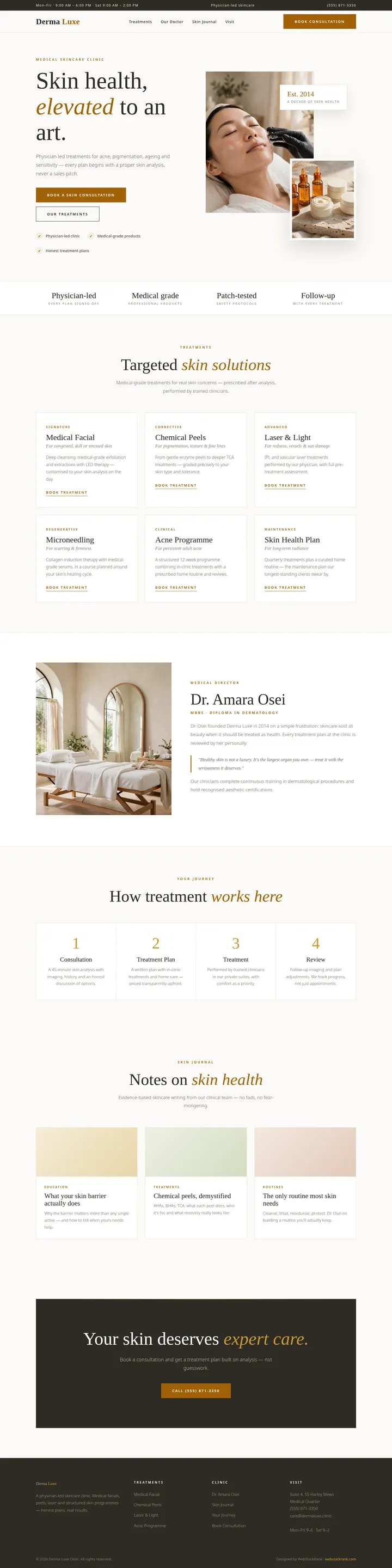 Derma Luxe Clinic website concept — full-page design, 1440×5758 px
