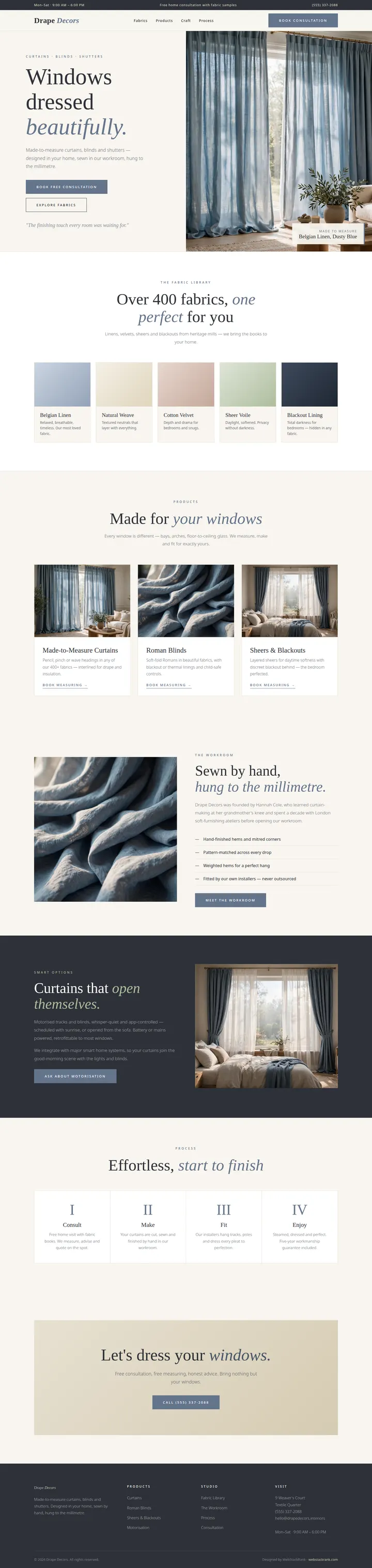 Drape Decors website concept — full-page design, 1440×6067 px