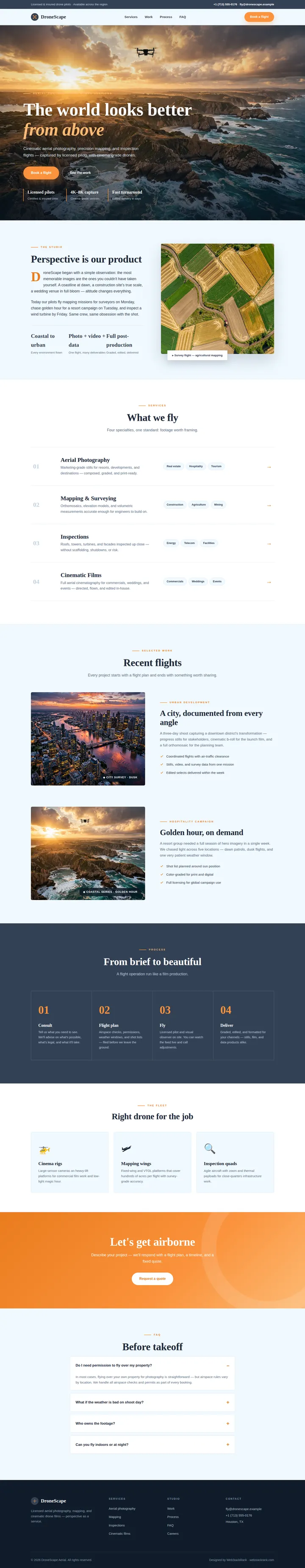 DroneScape website concept — full-page design, 1440×7394 px