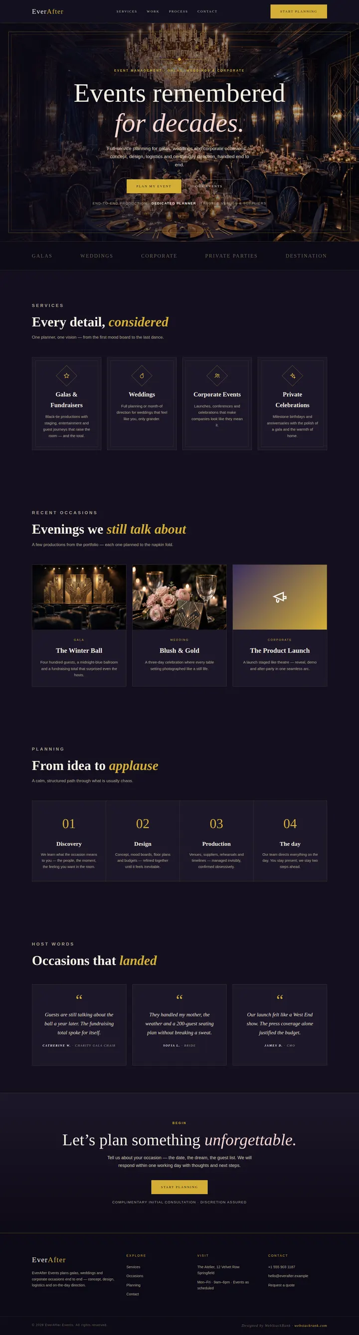 EverAfter Events website concept — full-page design, 1440×5354 px