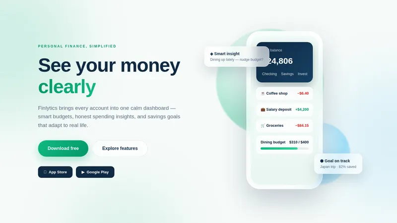 Finlytics — Personal Finance App Website concept, cover design