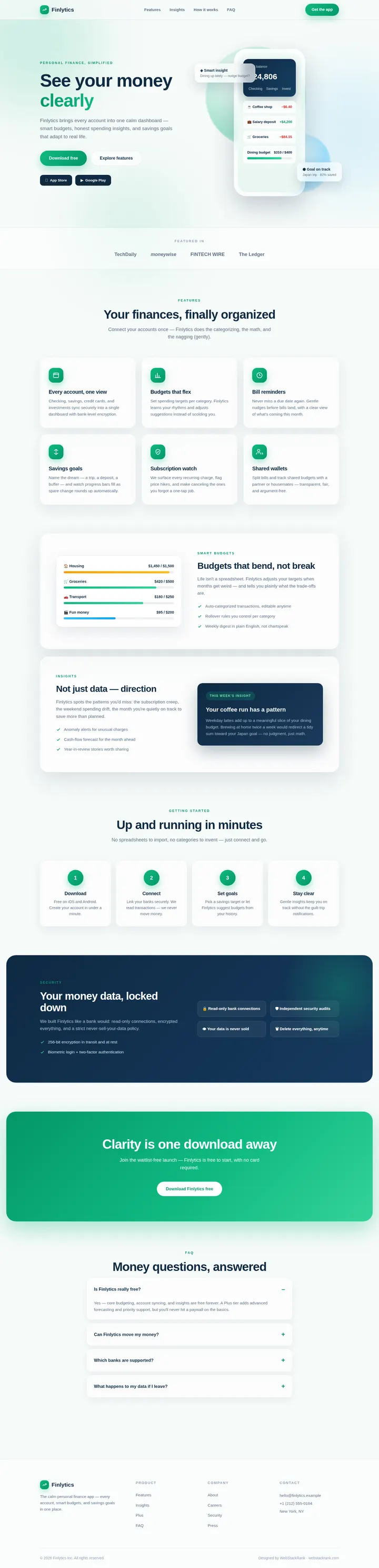 Finlytics website concept — full-page design, 1440×5954 px