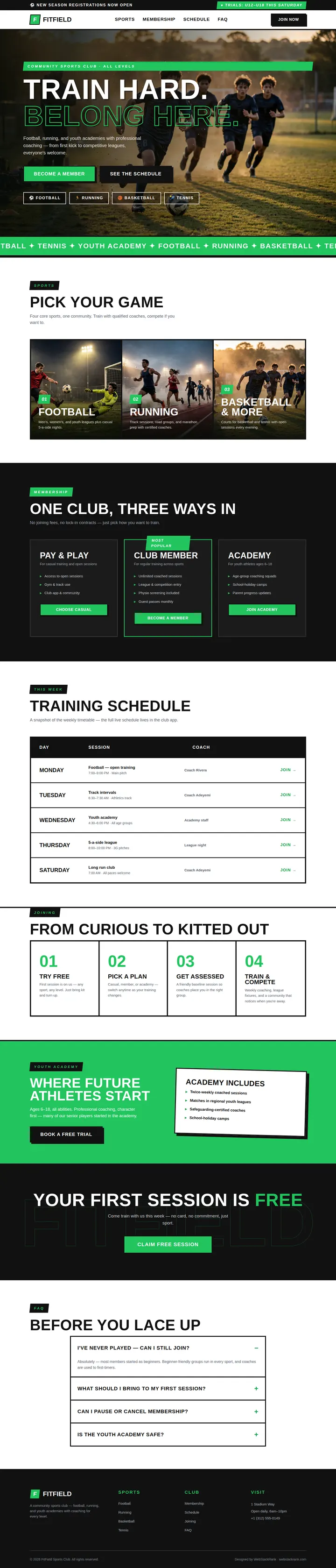FitField website concept — full-page design, 1440×6714 px