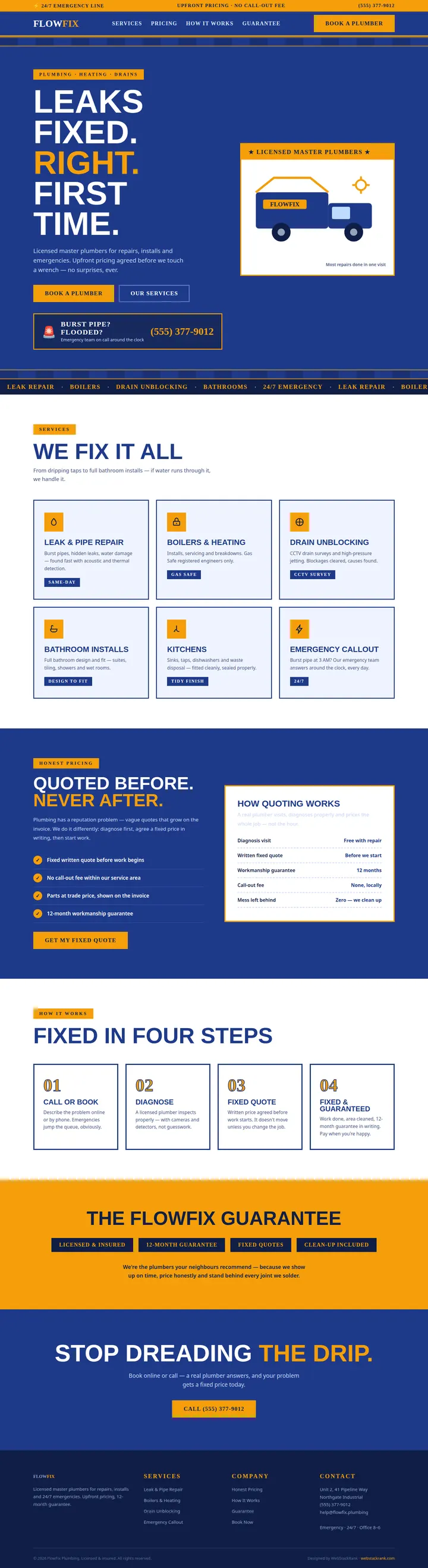 FlowFix Plumbing website concept — full-page design, 1440×5274 px