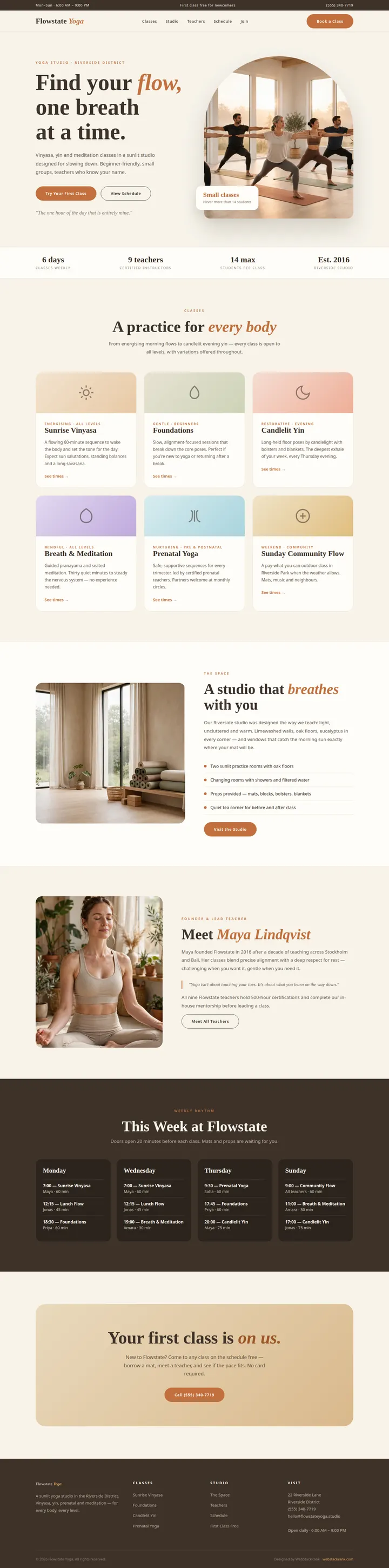 Flowstate Yoga website concept — full-page design, 1440×5798 px