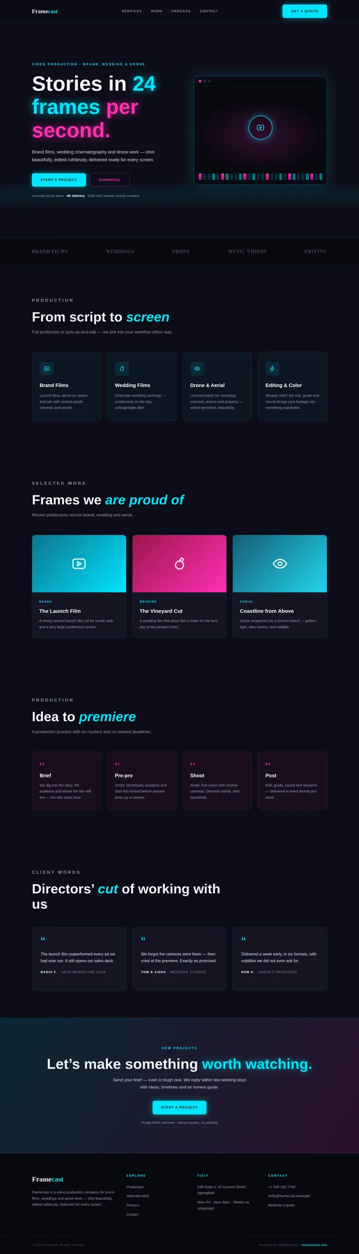 Framecast website concept — full-page design, 1440×5032 px