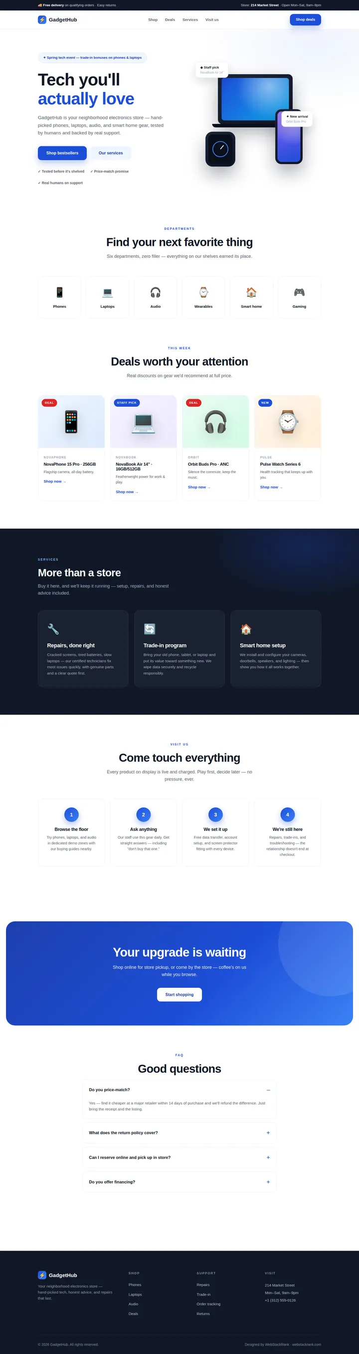 GadgetHub website concept — full-page design, 1440×5420 px