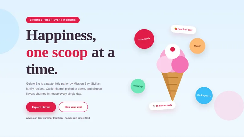 Gelato Blu — Artisan Gelato Parlor Website concept, cover design