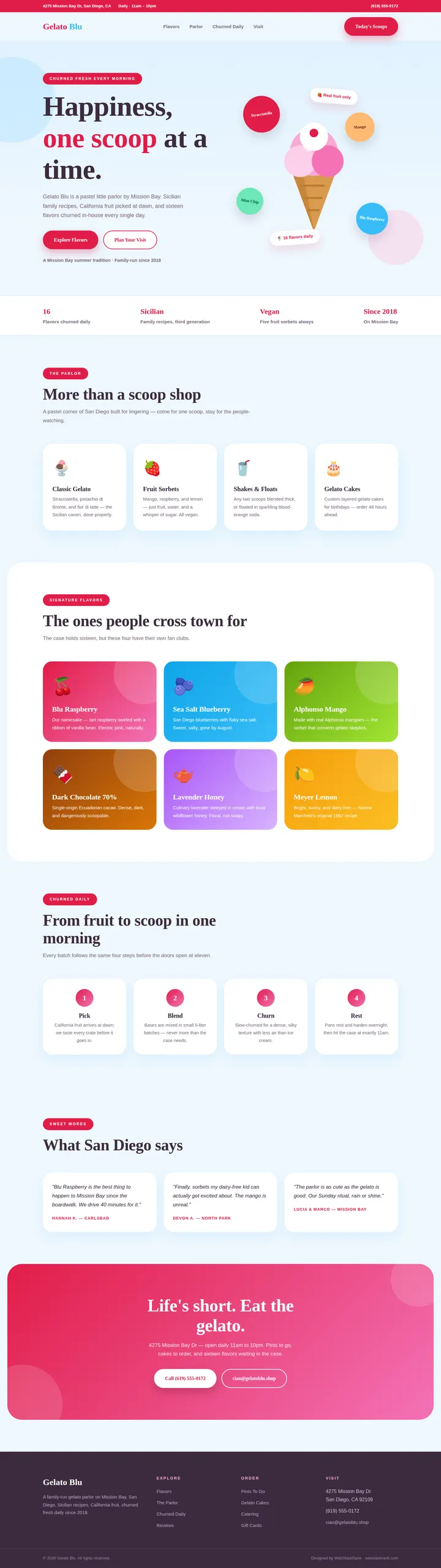 Gelato Blu website concept — full-page design, 1440×5121 px