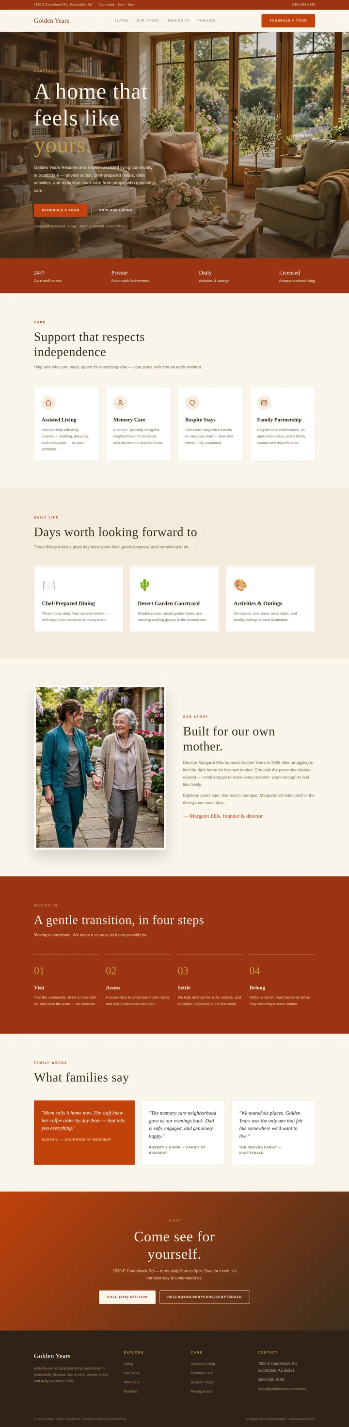 Golden Years Residence website concept — full-page design, 1440×5885 px