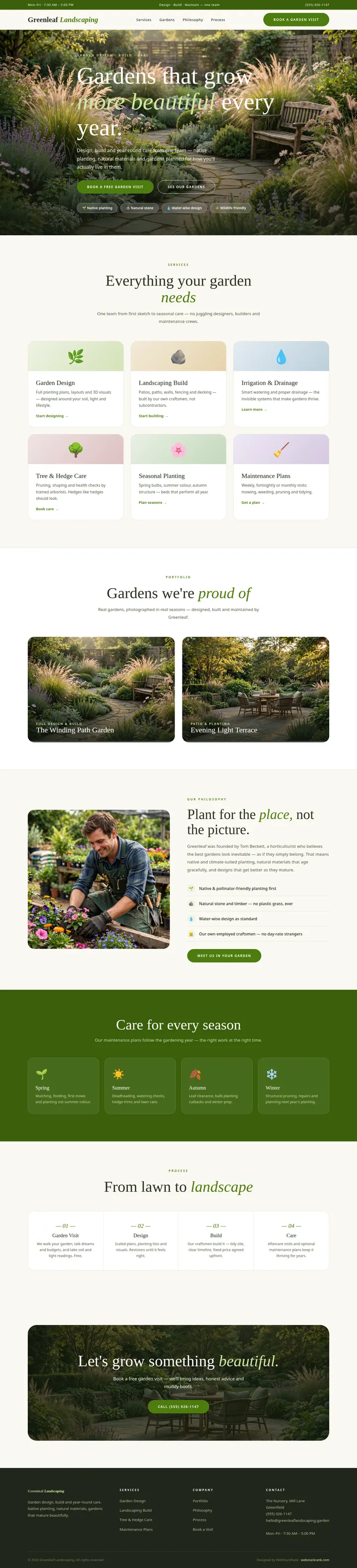 Greenleaf Landscaping website concept — full-page design, 1440×6318 px