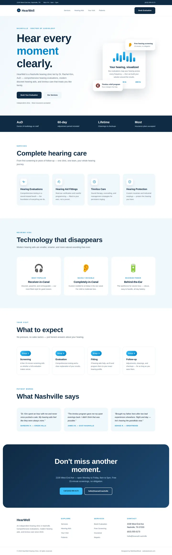 HearWell website concept — full-page design, 1440×4625 px