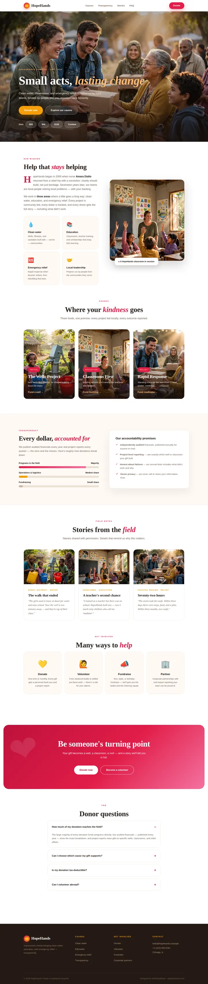 HopeHands website concept — full-page design, 1440×6797 px