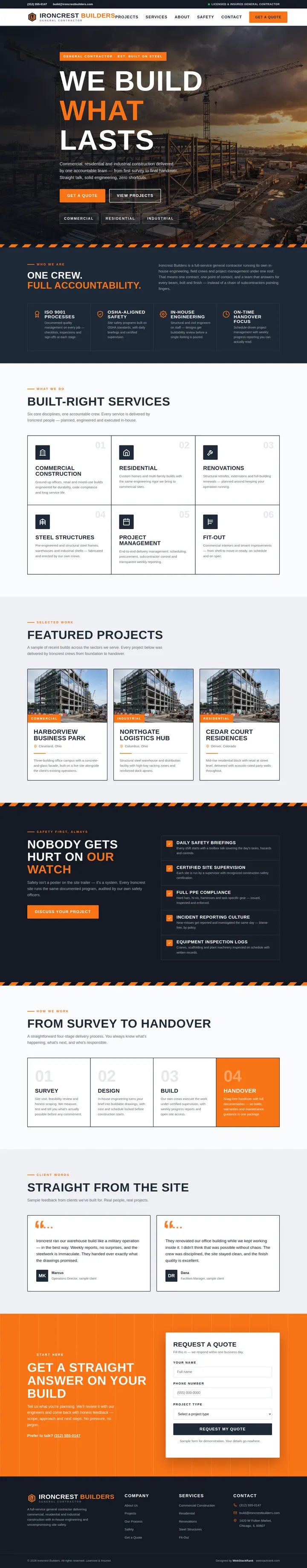 Ironcrest Builders website concept — full-page design, 1440×7350 px