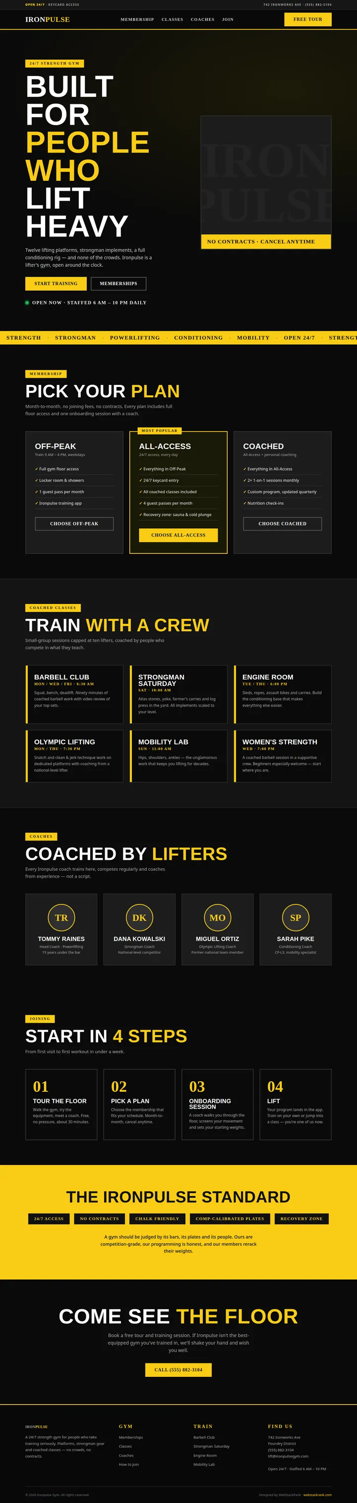 Ironpulse Gym website concept — full-page design, 1440×6052 px
