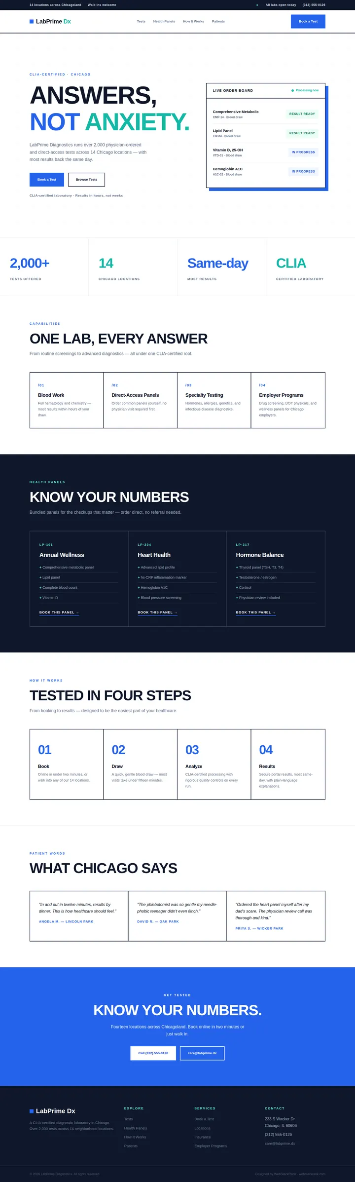 LabPrime Diagnostics website concept — full-page design, 1440×4790 px