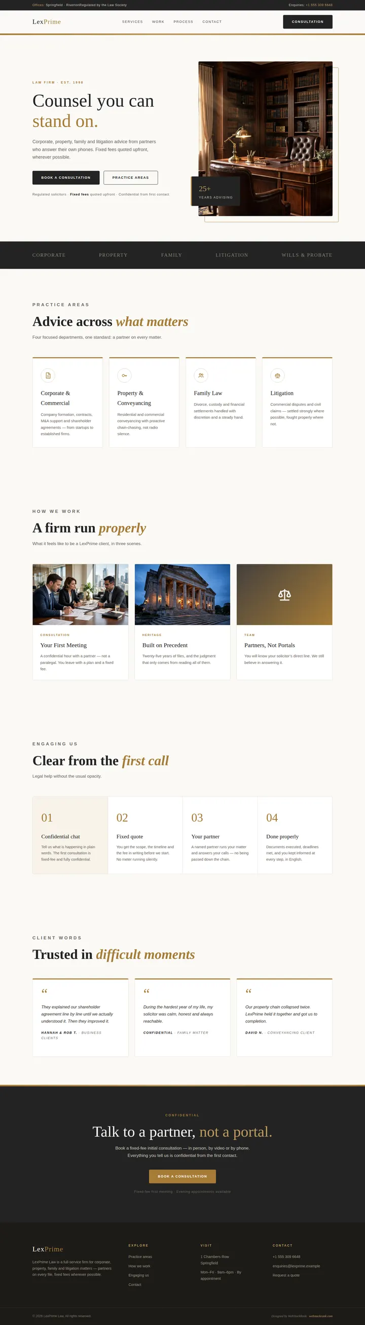 LexPrime Law website concept — full-page design, 1440×5219 px