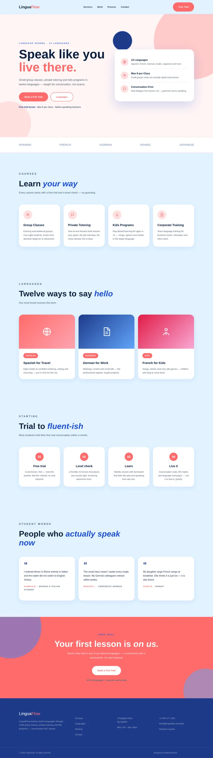 LinguaFlow website concept — full-page design, 1440×5113 px