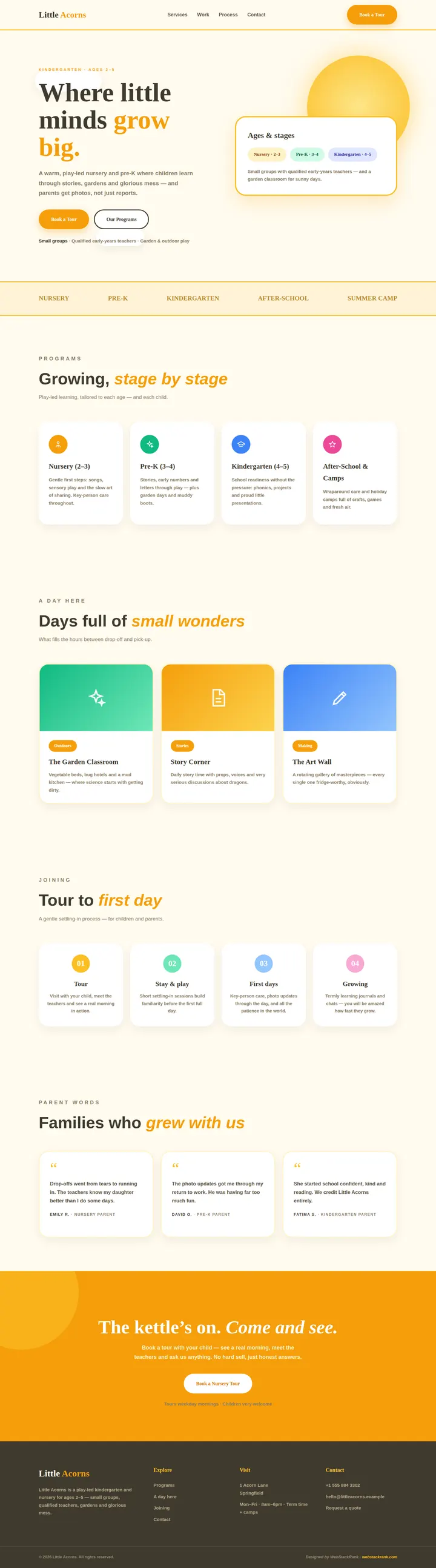 Little Acorns website concept — full-page design, 1440×5173 px