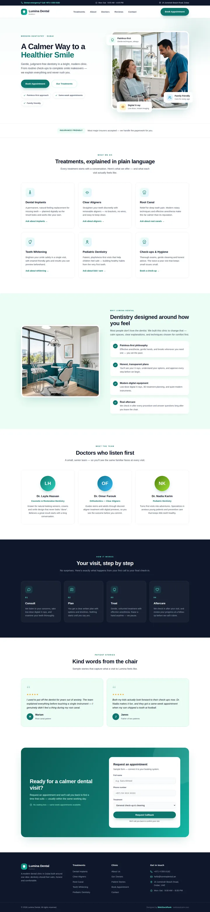 Lumina Dental website concept — full-page design, 1440×6238 px