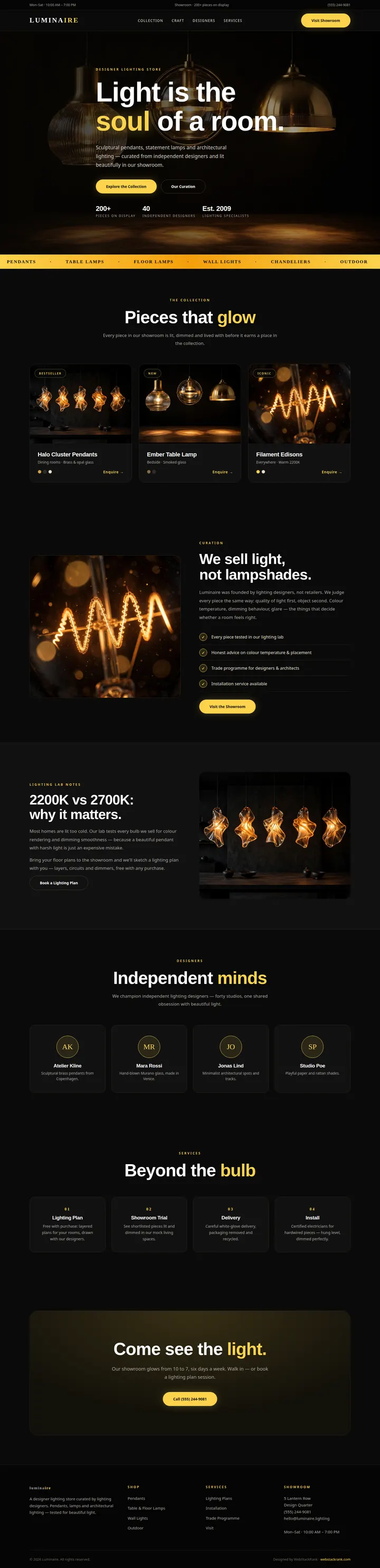Luminaire website concept — full-page design, 1440×5933 px