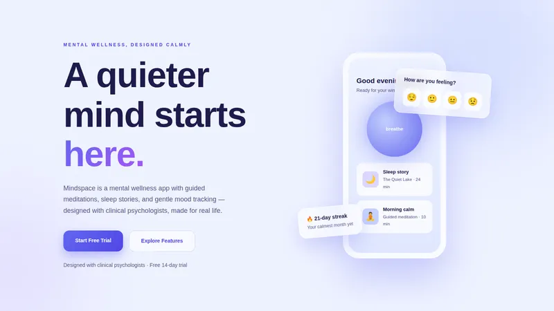 Mindspace — Mental Wellness App Website concept, cover design