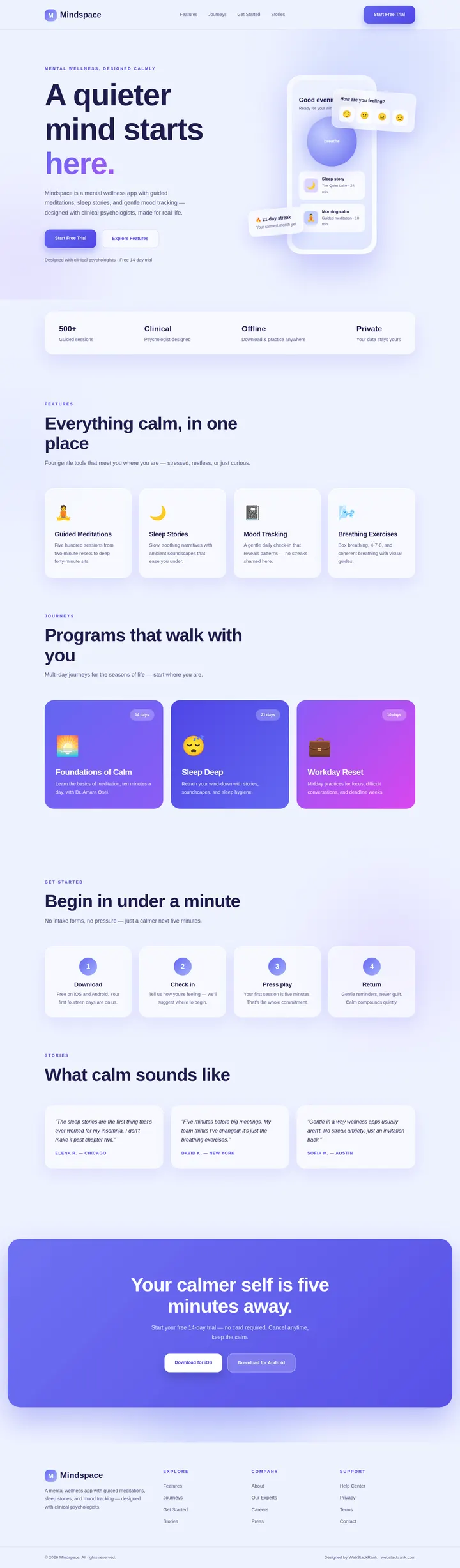 Mindspace website concept — full-page design, 1440×4911 px