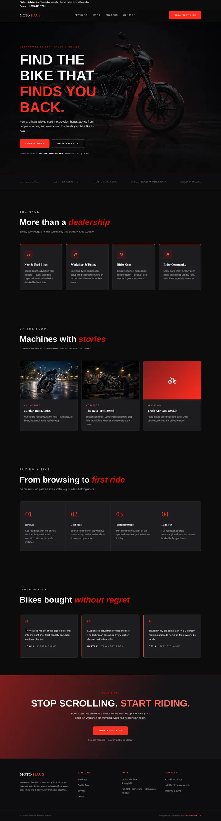 Moto Haus website concept — full-page design, 1440×5329 px