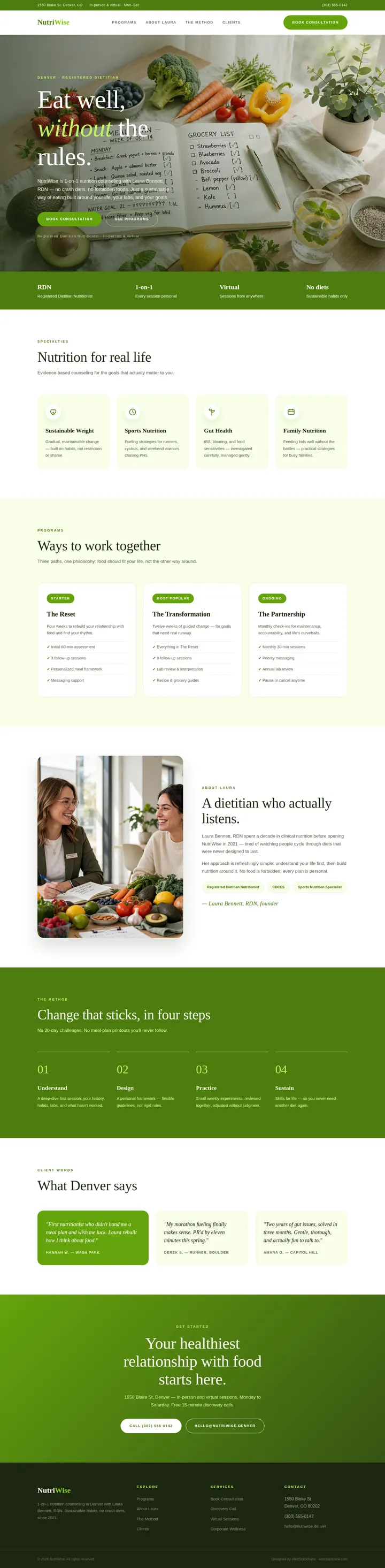 NutriWise website concept — full-page design, 1440×5861 px