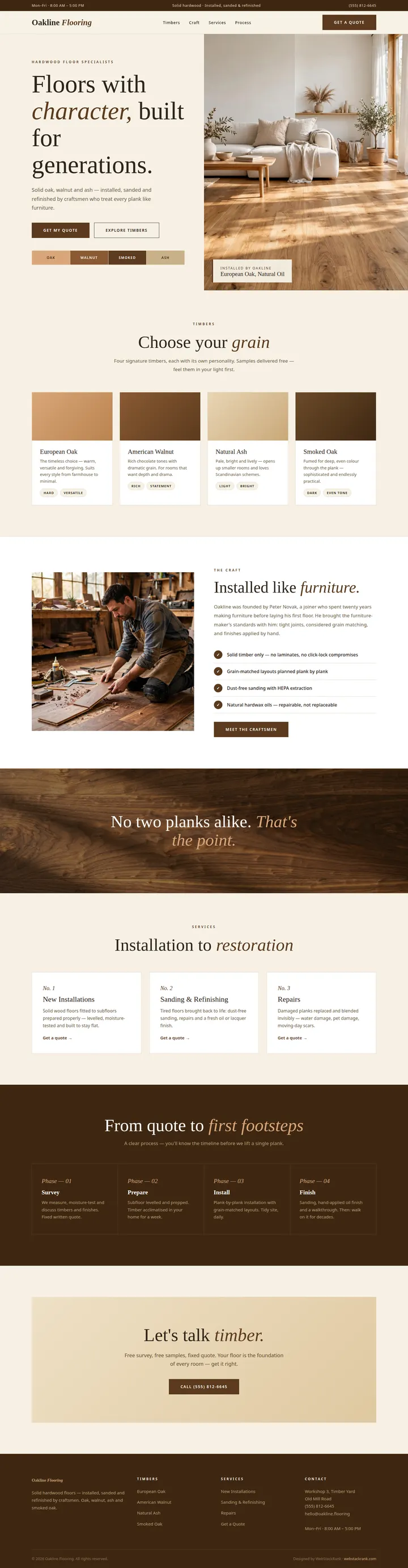 Oakline Flooring website concept — full-page design, 1440×5535 px
