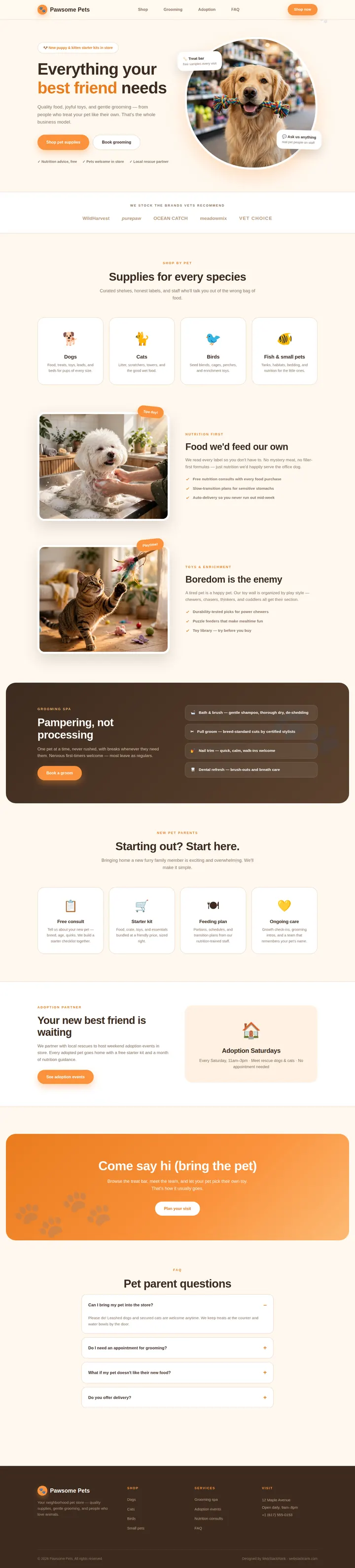 Pawsome Pets website concept — full-page design, 1440×6346 px