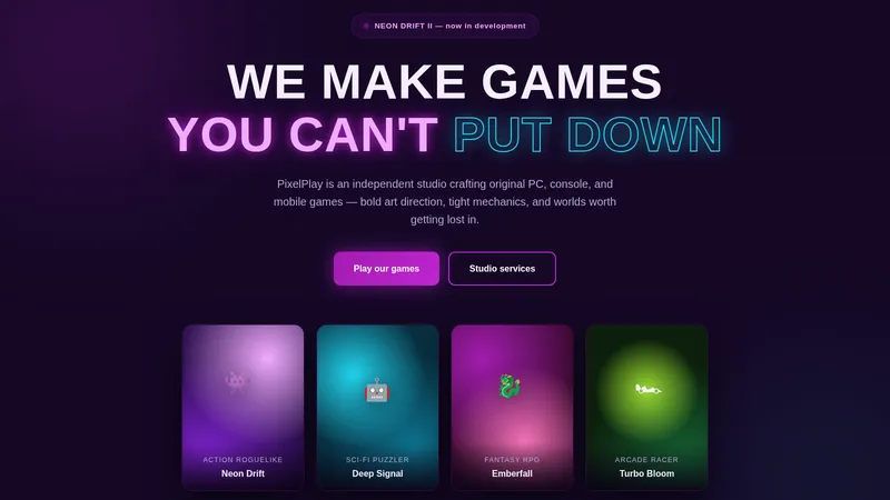 PixelPlay — Game Studio Website concept, cover design