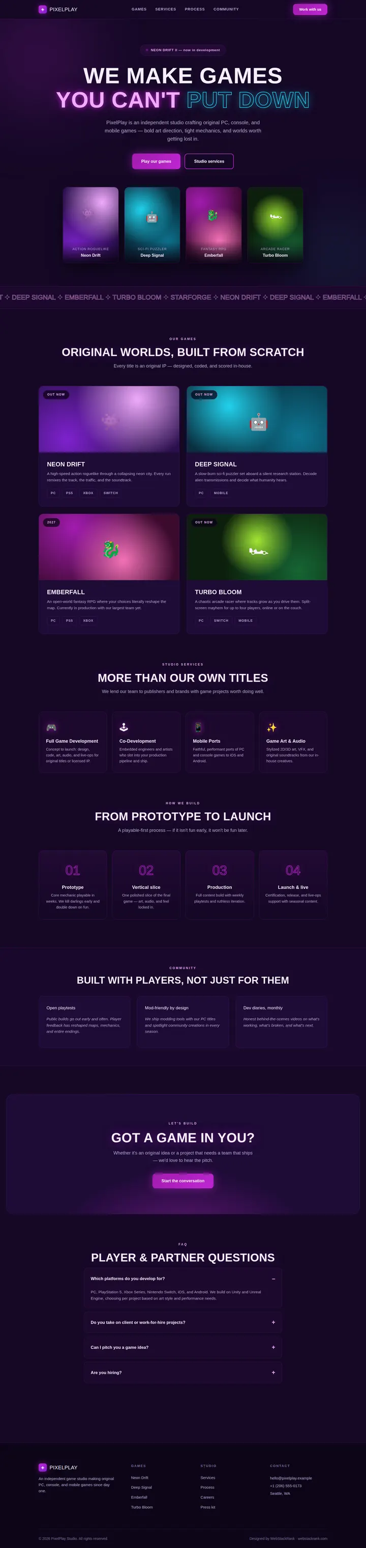 PixelPlay website concept — full-page design, 1440×6078 px