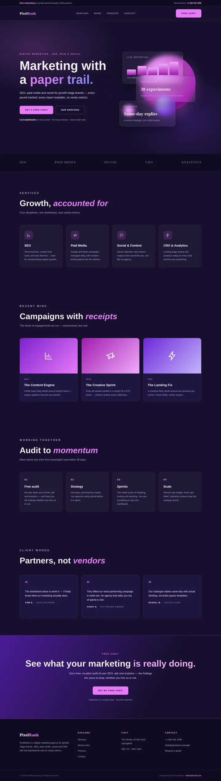 PixelRank Agency website concept — full-page design, 1440×5071 px